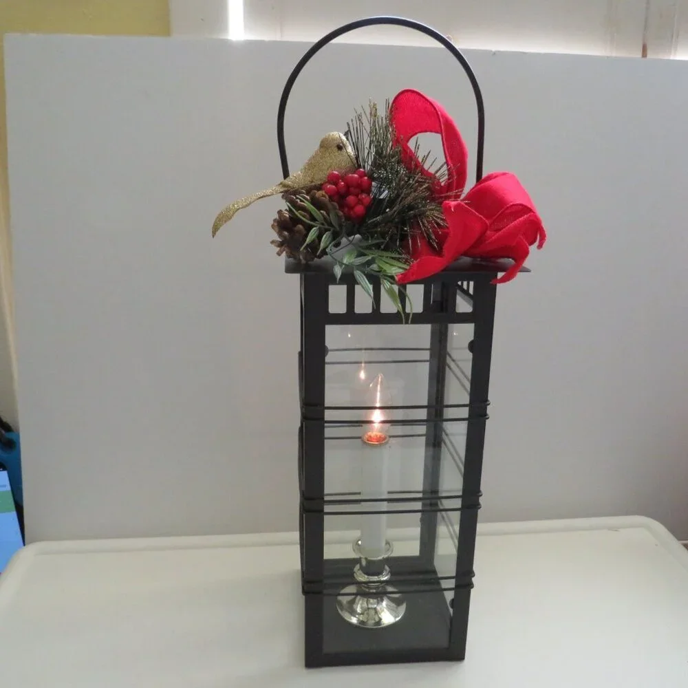 glass metal lantern 18 in tall with battery operated candle, bow and bird